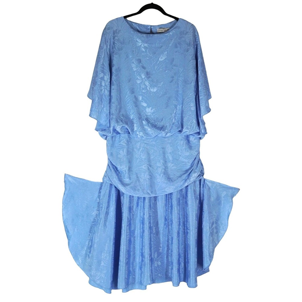 Charlee Allison Maxi Dress Women 24 Blue Vintage Floral Jacquard Drop Waist Cape